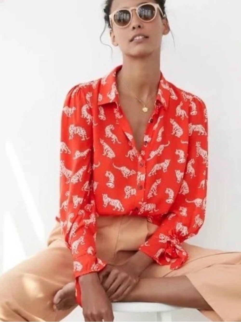 Anthropologie x Margaret Jeane Tiger Print Tie Sleeve Blouse XS